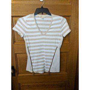 Michael Kors Shirt Size S Tan White Striped Zippers Sides Womens